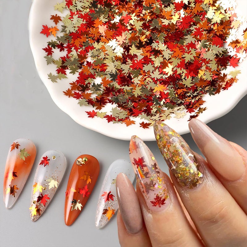 Vopintpy Thanksgiving Glitters Nails Sequins Fall Nail Glitter Sequins Autumn Maple Leaf Flakes Design Nails Charms Holographic Mixed Color 3D Confetti Nails Glitter for Women - Image 3